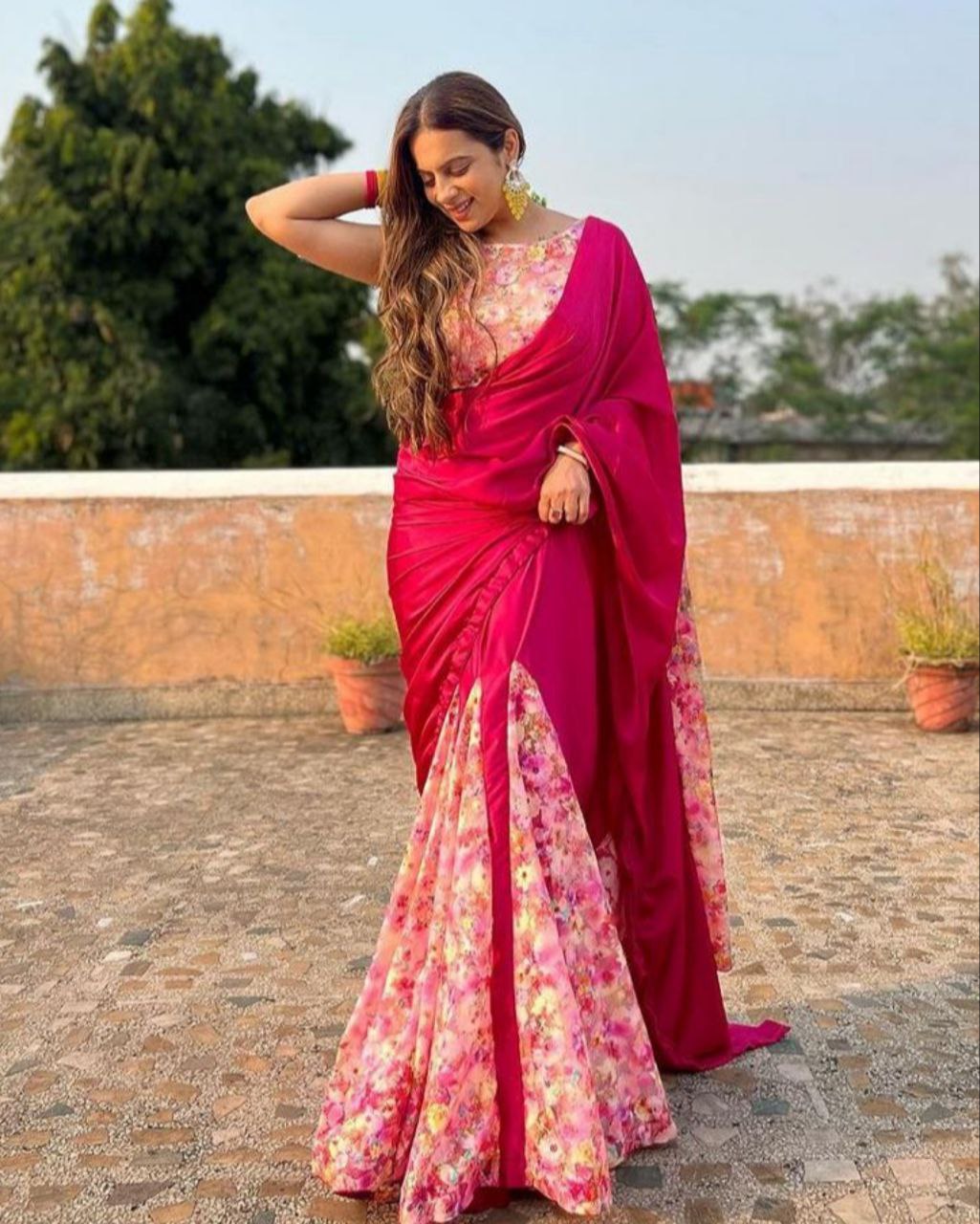 Ready To Wear Hot Pink Satin Silk Digital Printed Saree With Blouse