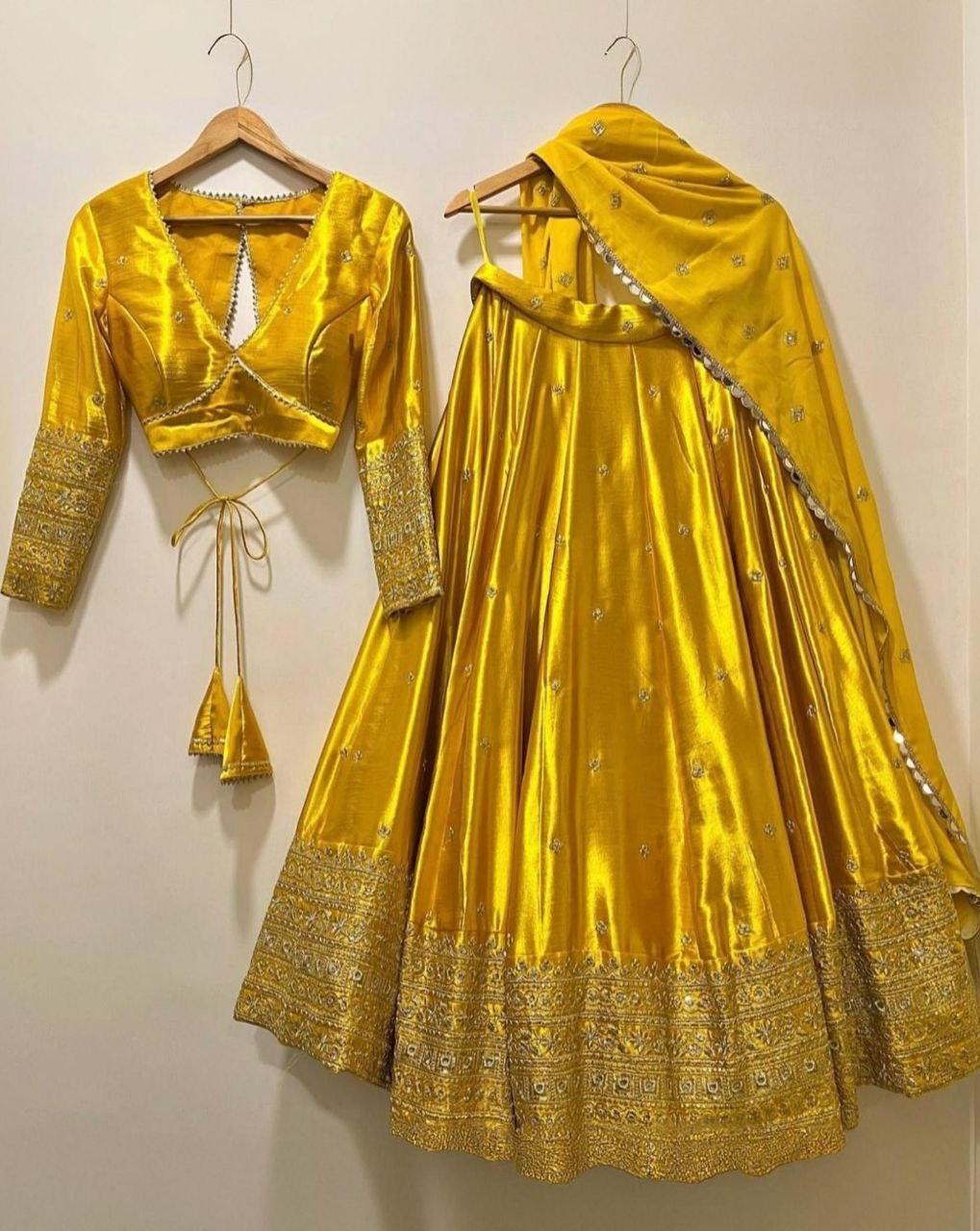 Ready To Wear Yellow & Green Heavy Silk Embroidery Work Lehenga Choli With Dupatta