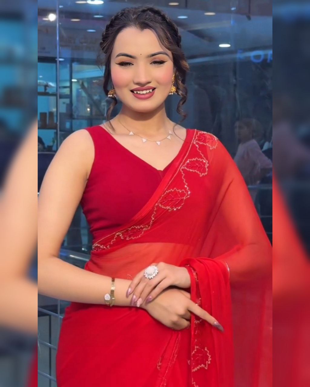 Ready To Wear Red Soft Net Hand Work Saree With Blouse