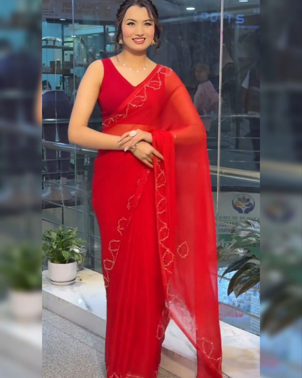 Ready To Wear Red Soft Net Hand Work Saree With Blouse