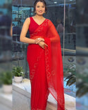 Ready To Wear Red Soft Net Hand Work Saree With Blouse