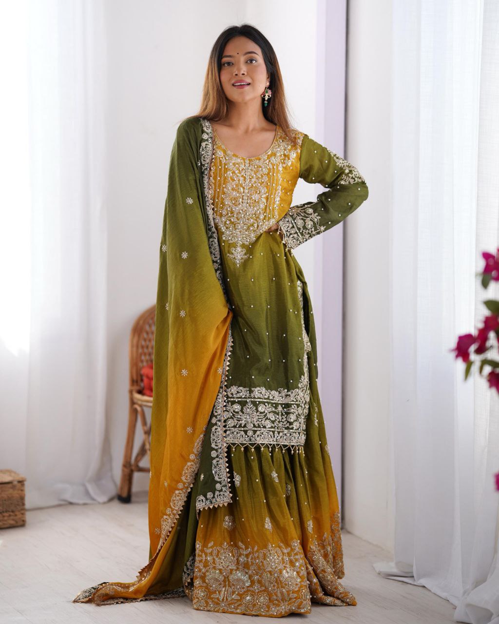 Ready To Wear Mauve , Green & Orange Chinon Silk Embroidery Work Gharara Suit With Dupatta
