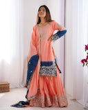 Ready To Wear Mauve , Green & Orange Chinon Silk Embroidery Work Gharara Suit With Dupatta