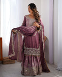 Ready To Wear Mauve , Green & Orange Chinon Silk Embroidery Work Gharara Suit With Dupatta