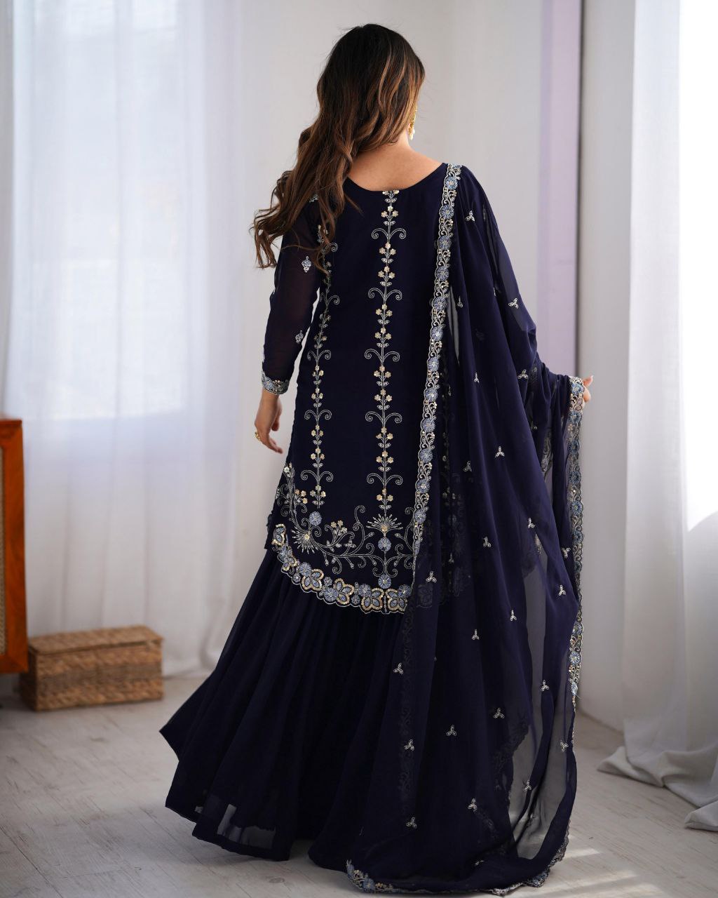 Ready To Wear Red & Neavy Blue Soft Georgette Embroidery Work Sharara Suit With Dupatta