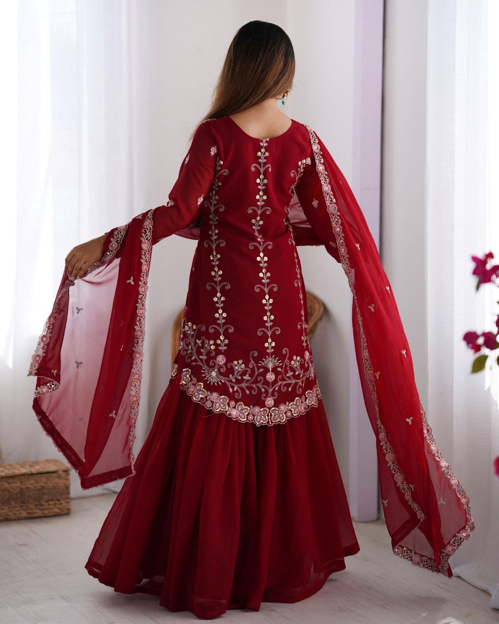 Ready To Wear Red & Neavy Blue Soft Georgette Embroidery Work Sharara Suit With Dupatta