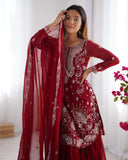 Ready To Wear Red & Neavy Blue Soft Georgette Embroidery Work Sharara Suit With Dupatta