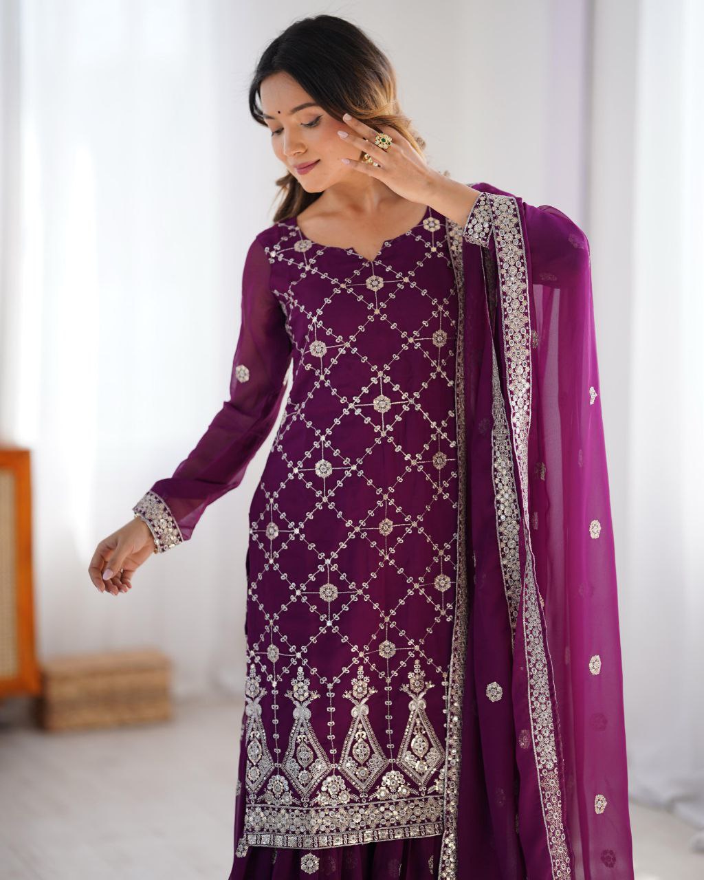 Ready To Wear Grape Soft Georgette Embroidery Work Gharara Suit With Dupatta