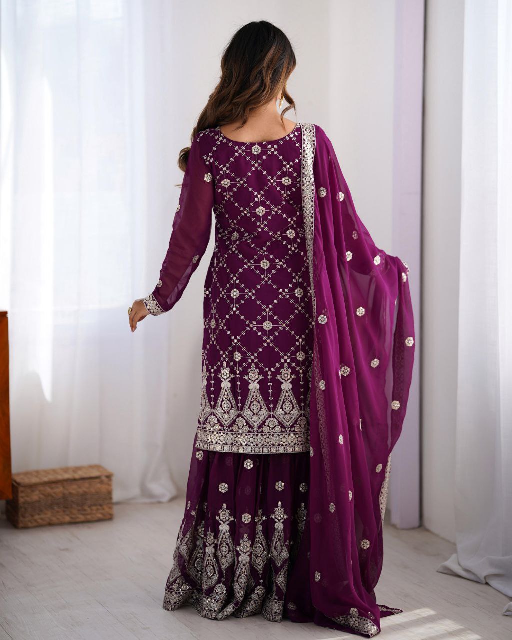 Ready To Wear Grape Soft Georgette Embroidery Work Gharara Suit With Dupatta