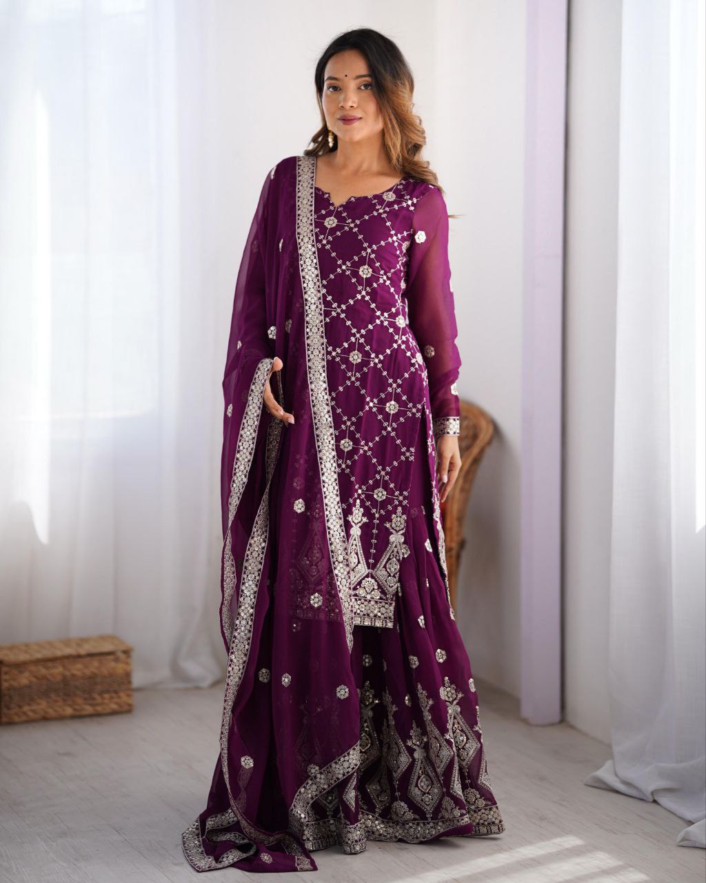 Ready To Wear Grape Soft Georgette Embroidery Work Gharara Suit With Dupatta