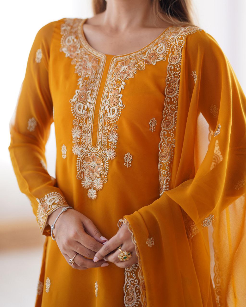 Ready To Wear Mustard Soft Georgette Embroidery Work Pant Suit With Dupatta