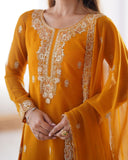 Ready To Wear Mustard Soft Georgette Embroidery Work Pant Suit With Dupatta