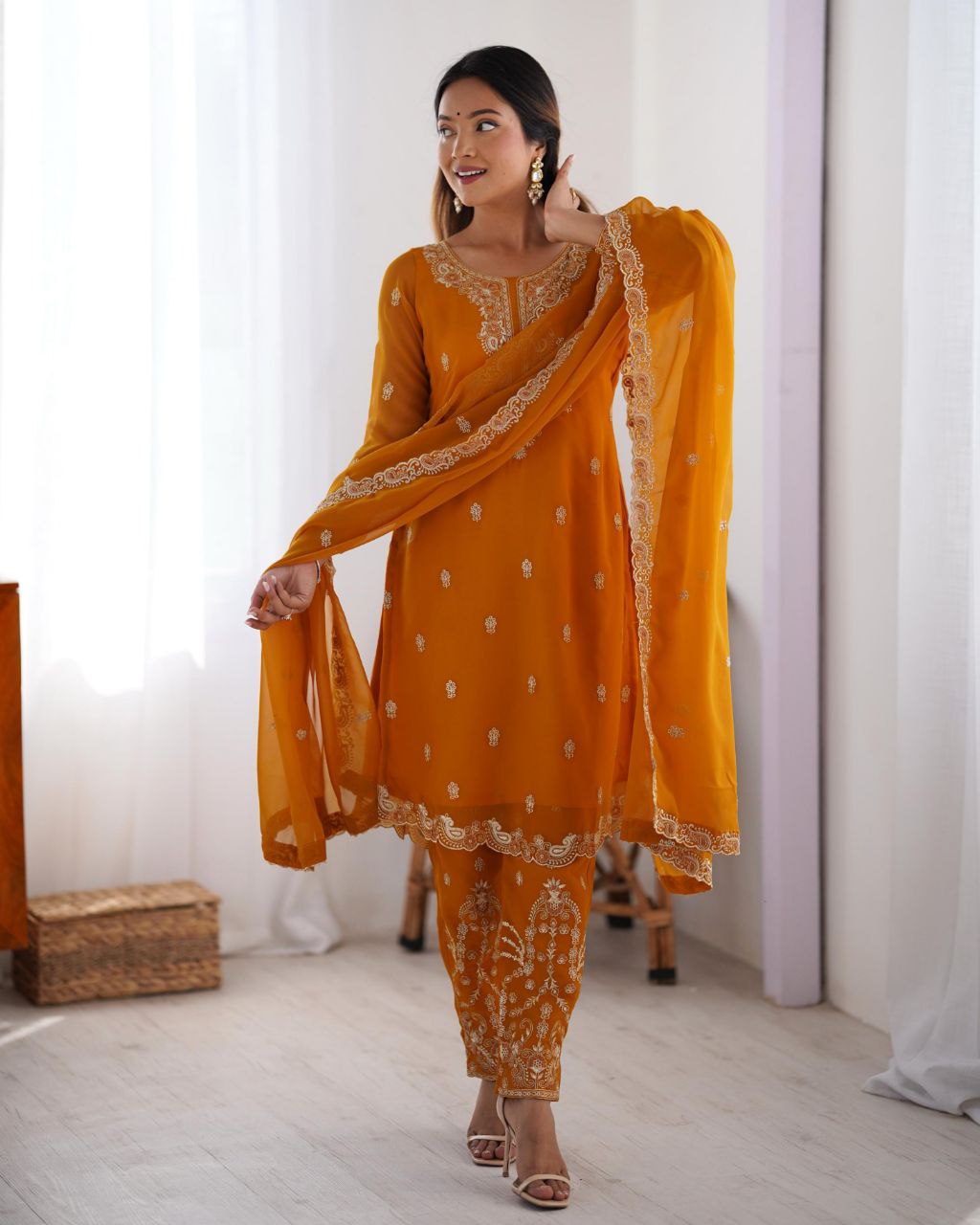 Ready To Wear Mustard Soft Georgette Embroidery Work Pant Suit With Dupatta