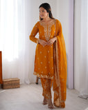 Ready To Wear Mustard Soft Georgette Embroidery Work Pant Suit With Dupatta