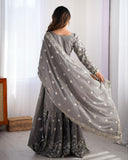 Ready To Wear Grey & Green Chinon Silk Embroidery Work Sharara Suit With Dupatta