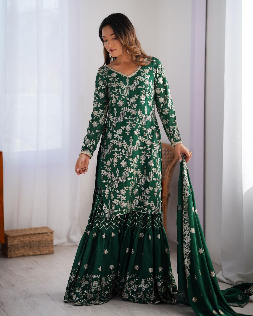 Ready To Wear Grey & Green Chinon Silk Embroidery Work Sharara Suit With Dupatta