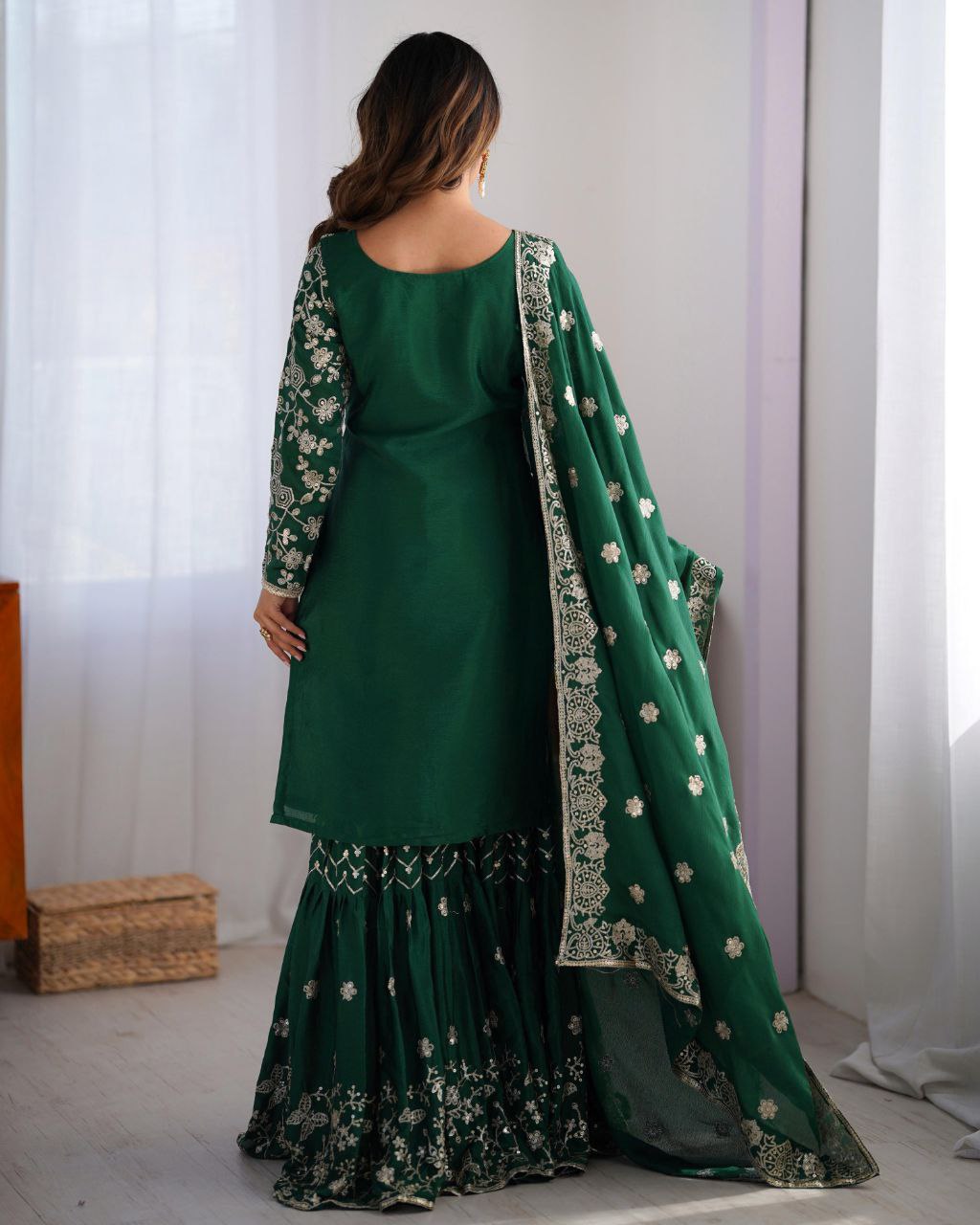 Ready To Wear Grey & Green Chinon Silk Embroidery Work Sharara Suit With Dupatta