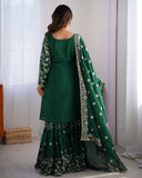 Ready To Wear Grey & Green Chinon Silk Embroidery Work Sharara Suit With Dupatta