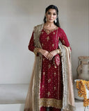 Ready To Wear Red & Dark Pink Soft Georgette Sequence Work Pakistani Suit With Beige Dupatta