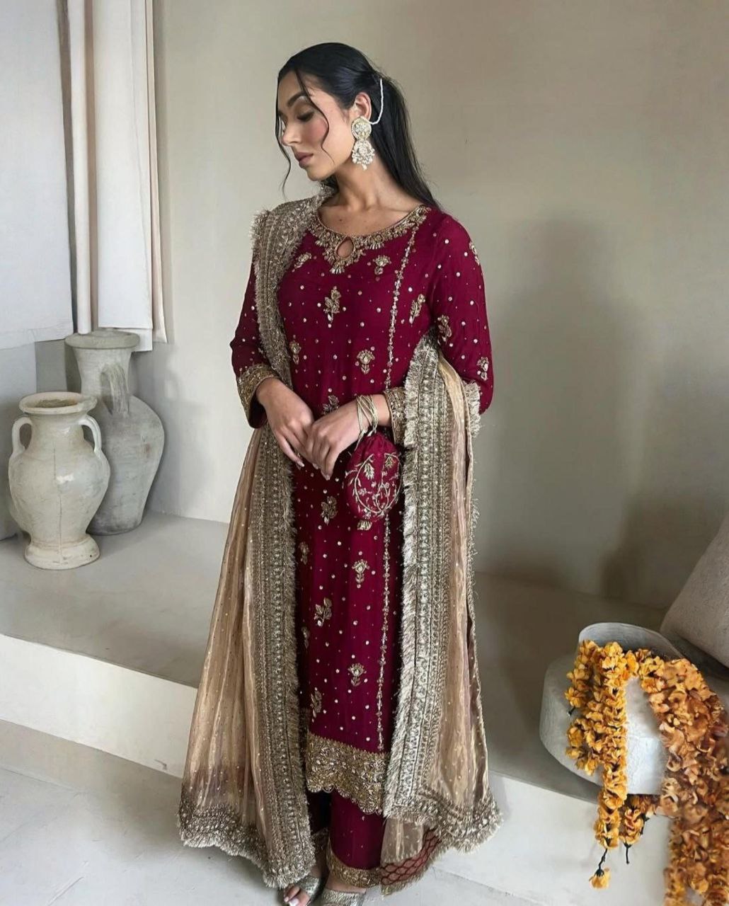 Ready To Wear Red & Dark Pink Soft Georgette Sequence Work Pakistani Suit With Beige Dupatta