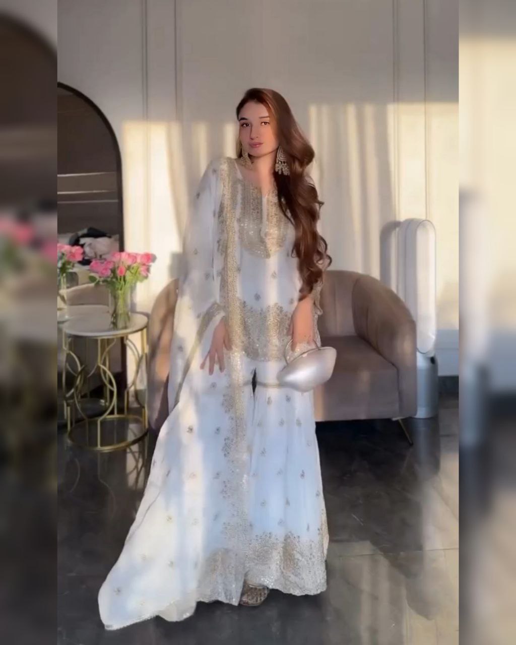 Ready To Wear White Chinon Silk Embroidery Work Gharara Suit With Dupatta