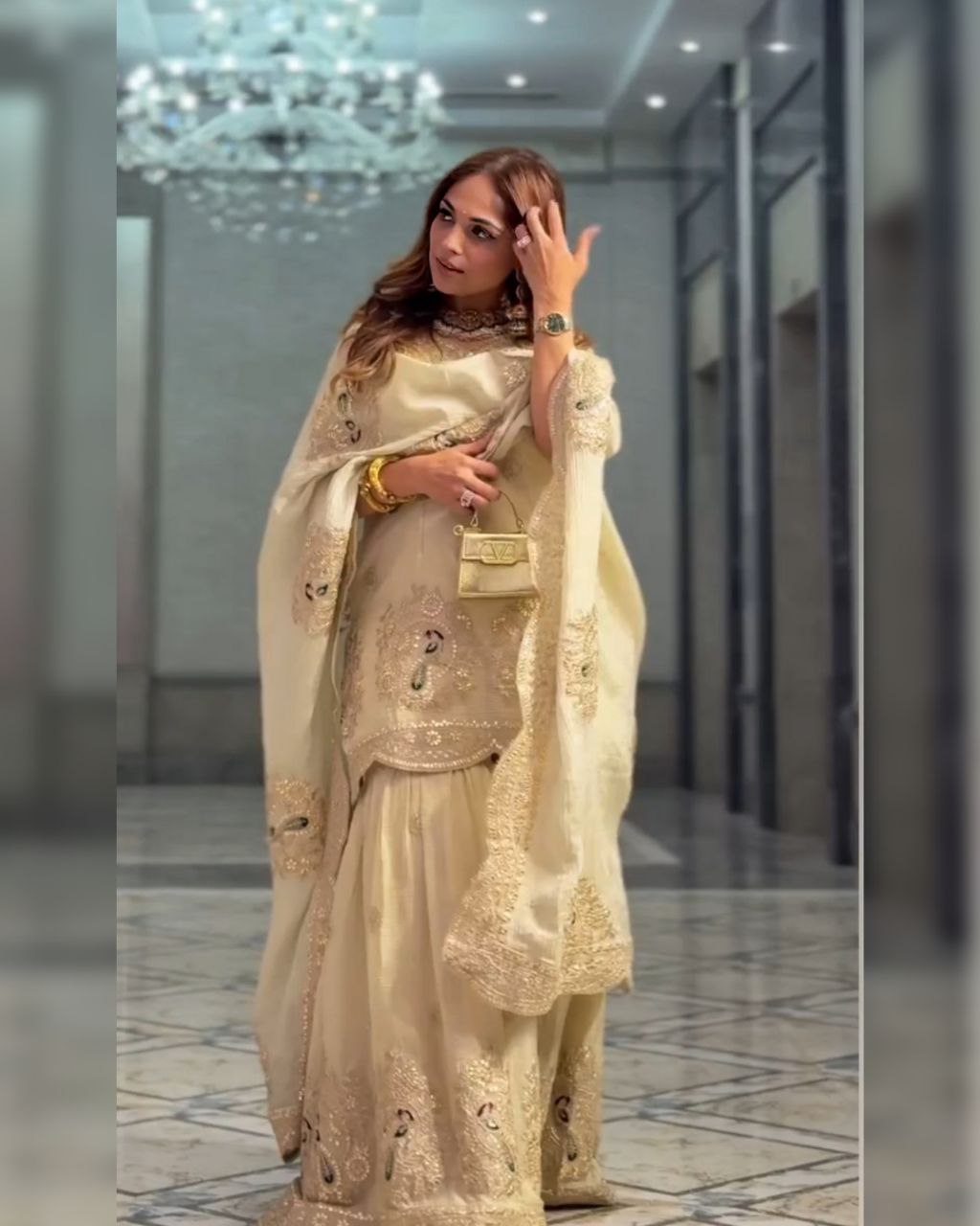 Ready To Wear Ivory Chinon Silk Embroidery Work Gharara Suit With Dupatta
