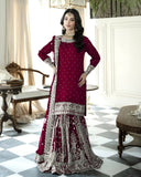 Ready To Wear Neavy Blue & Cherry Red Soft Georgette Embroidery Work Gharara Suit With Dupatta