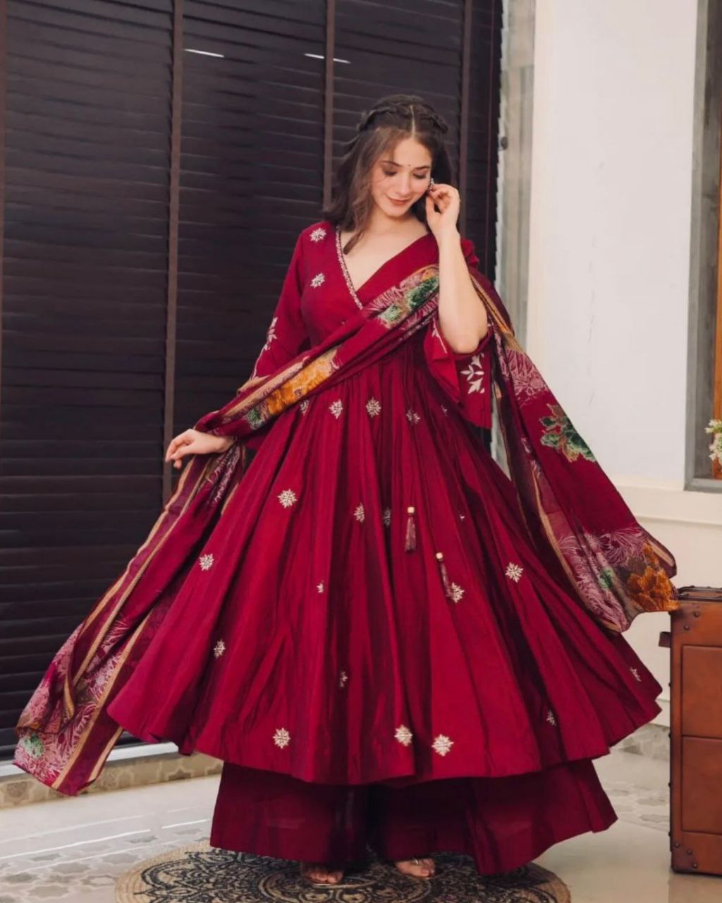 Ready To Wear Magenta Chinon Silk Embroidery Work Anarkali Suit With Multi Dupatta