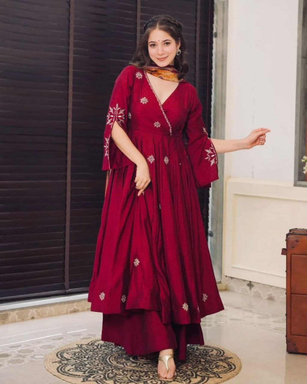 Ready To Wear Magenta Chinon Silk Embroidery Work Anarkali Suit With Multi Dupatta