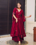 Ready To Wear Magenta Chinon Silk Embroidery Work Anarkali Suit With Multi Dupatta