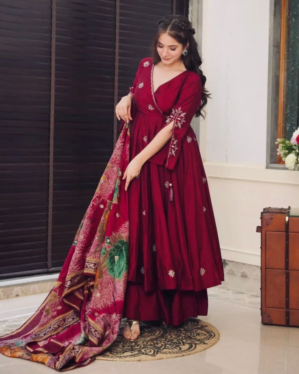 Ready To Wear Magenta Chinon Silk Embroidery Work Anarkali Suit With Multi Dupatta