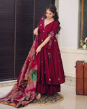 Ready To Wear Magenta Chinon Silk Embroidery Work Anarkali Suit With Multi Dupatta