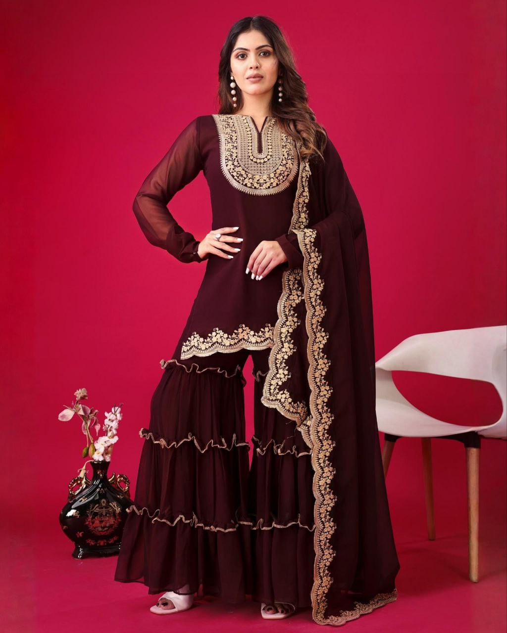 Ready To Wear Brown Soft Georgette Embroidery Work Gharara Suit With Dupatta