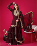 Ready To Wear Brown Soft Georgette Embroidery Work Gharara Suit With Dupatta