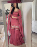 Ready To Wear Crimson Pink Silk Embroidery Work Gharara Suit With Dupatta