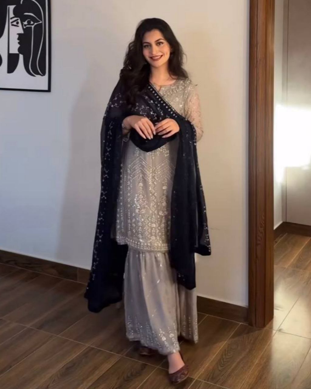 Ready To Wear Grey Soft Georgette Embroidery Work Gharara Suit With Neavy Blue Dupatta
