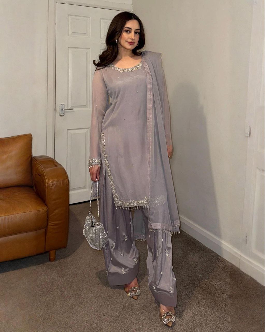 Ready To Wear Purple & Golden Soft Georgette Embroidery Work Farshi Suit With Dupatta