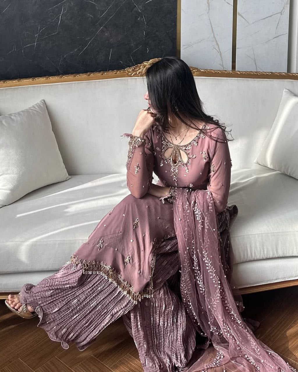 Ready To Wear Mauve Pink Soft Georgette Embroidery Work Palazo Suit With Dupatta
