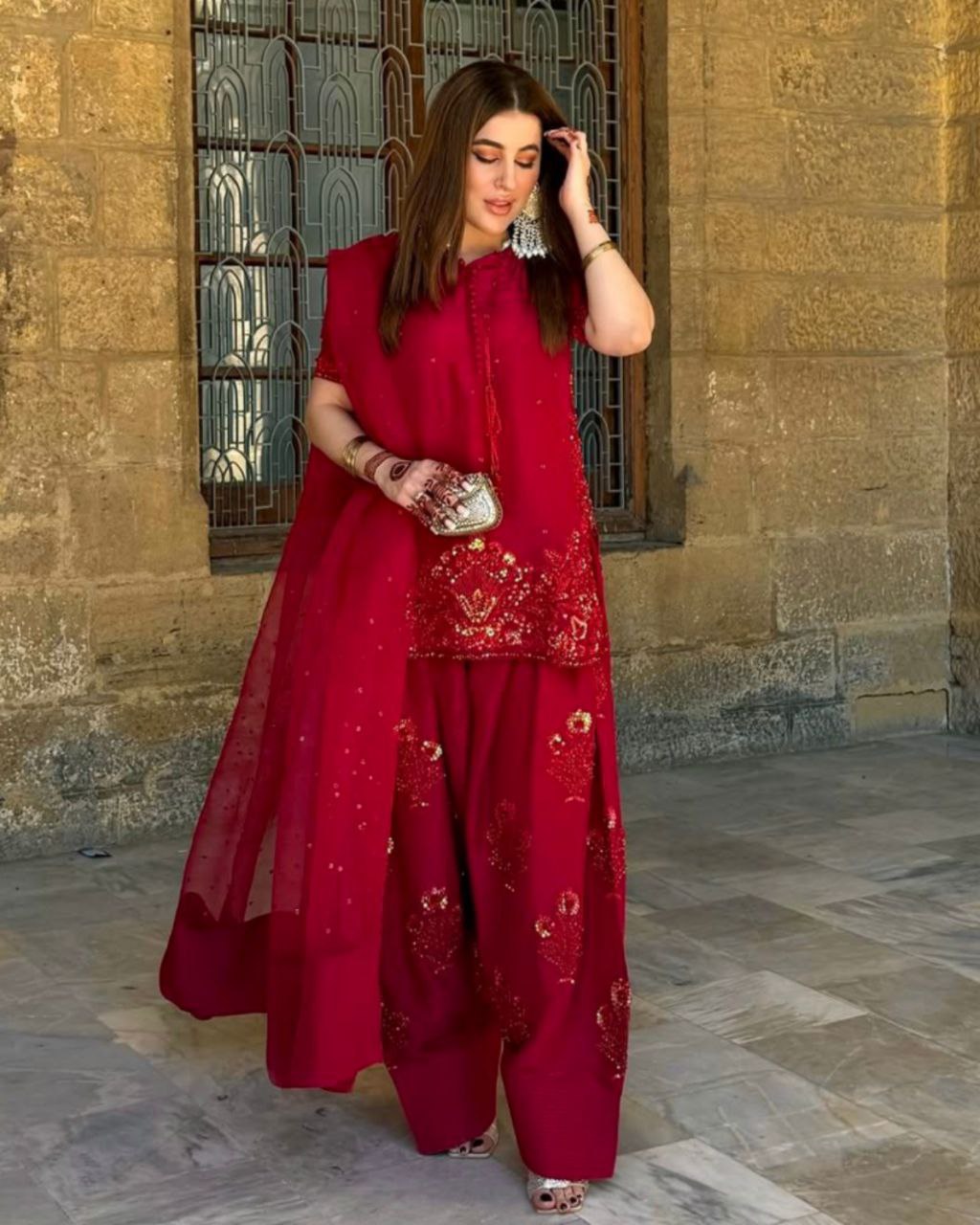 Ready To Wear Red Crep Silk Embroidery Work Farshi Suit With Dupatta