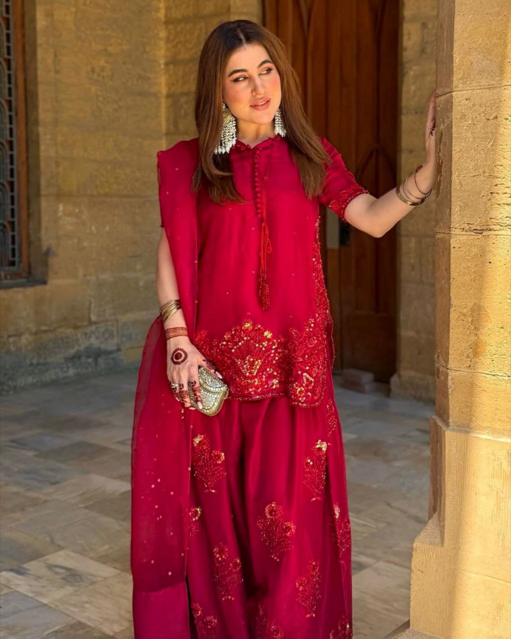 Ready To Wear Red Crep Silk Embroidery Work Farshi Suit With Dupatta