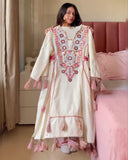 Ready To Wear Cream Khadi Cotton Embroidery Work Pant Suit With Dupatta