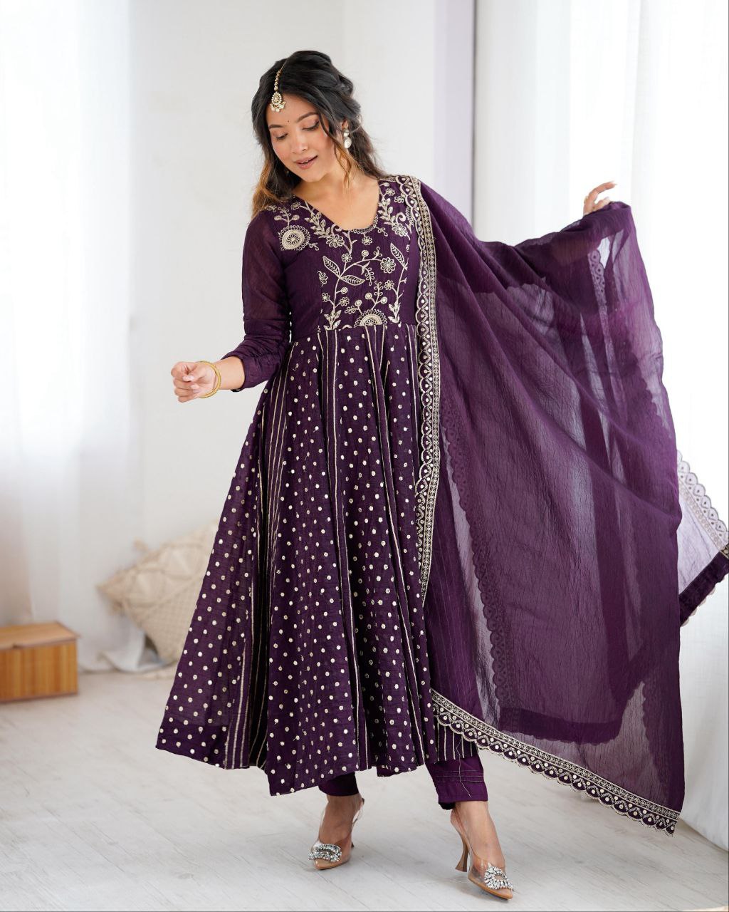 Ready To Wear Purple Silk Embroidery Work Anarkali Suit With Dupatta