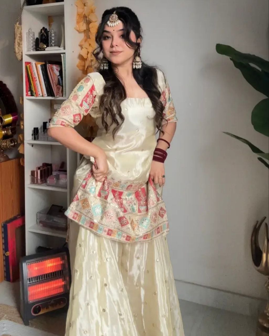 Ready To Wear Cream Chinon Silk Embroidery Work Sharara Suit With Dupatta