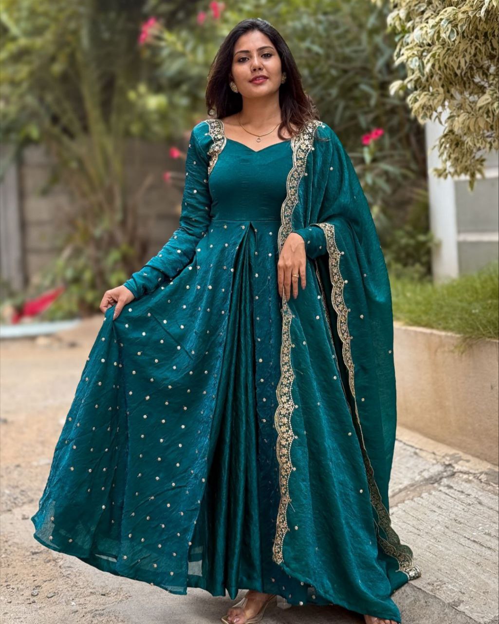 Ready To Wear Rama & Maroon Silk Embroidery Work Anarkali Suit With Dupatta