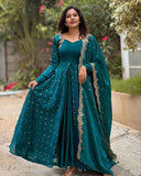 Ready To Wear Rama & Maroon Silk Embroidery Work Anarkali Suit With Dupatta