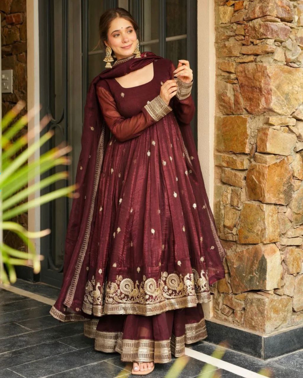 Ready To Wear Maroon & Morpinch Silk Embroidery Work Sharara Suit With Dupatta