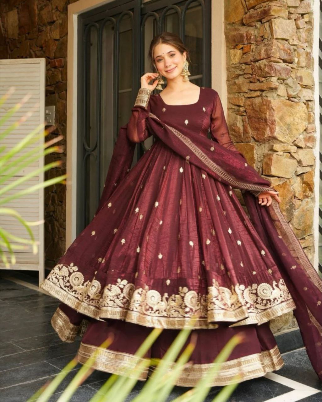 Ready To Wear Maroon & Morpinch Silk Embroidery Work Sharara Suit With Dupatta