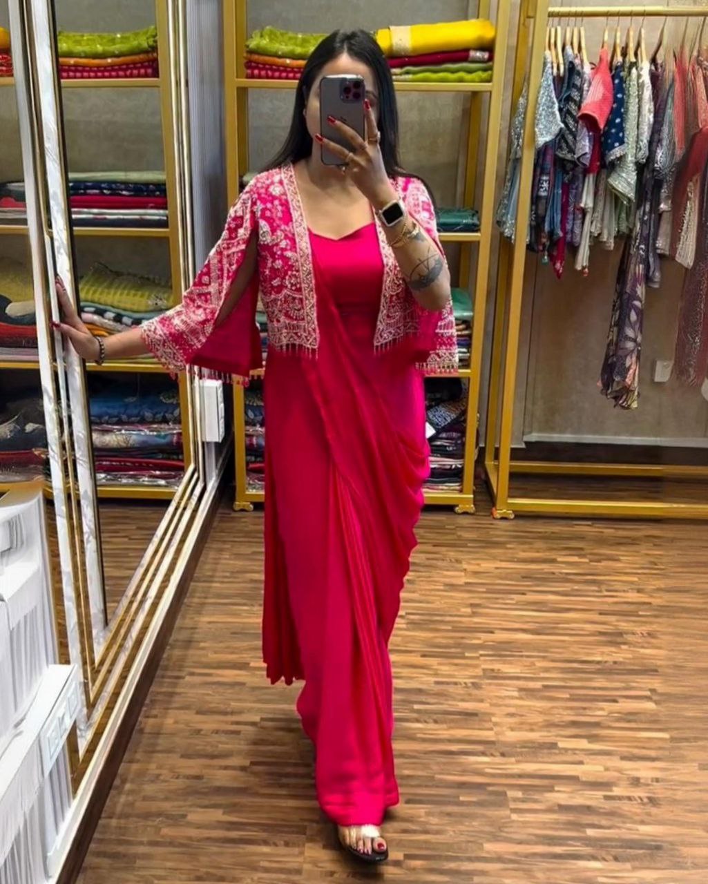 Ready To Wear Pink & Purple Chinon Silk Embroidery Work Saree With Blouse And Cap