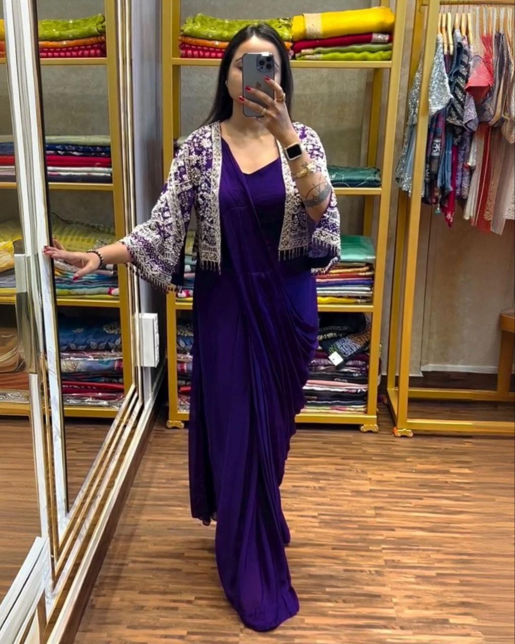 Ready To Wear Pink & Purple Chinon Silk Embroidery Work Saree With Blouse And Cap
