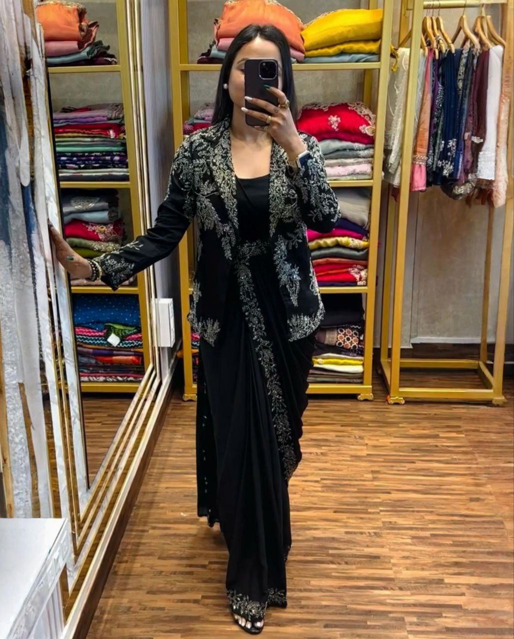 Ready To Wear Black & Purple Chinon Silk Embroidery Work Saree With Blouse And Koti